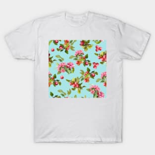 Watercolor small apple tree branch on blue T-Shirt